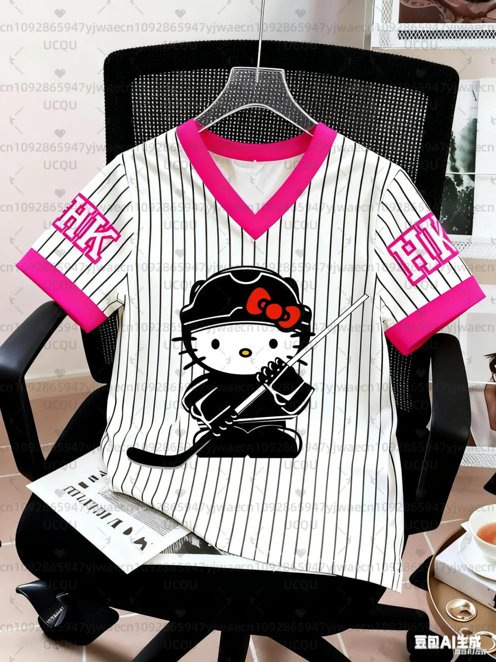 Kids Fashion Women's Boy Girls' Hello Kitty Ice Hockey T-shirt Pink V-Neck Top Graphic Plus Size Short Sleeve Men's T-shirt