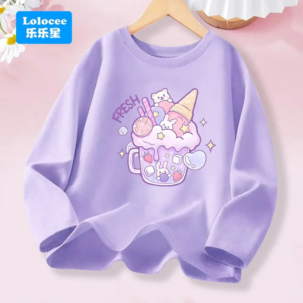 3-14years Girls' Pink Long Sleeve T-shirt - Cute "FRESH" Drink & Animal Print Kids Cotton Top 2026 Spring New