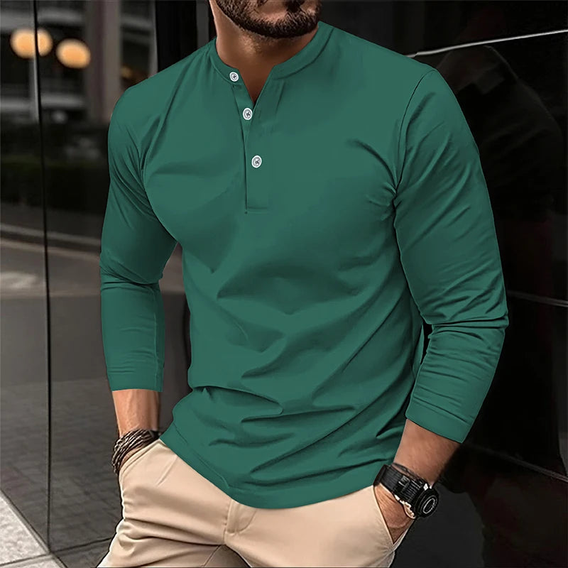 2025 Men's Summer Long Sleeve Henry Polo Casual Breathable Comfortable Polo Shirt Solid High Quality Male T-Shirt Dropshipping