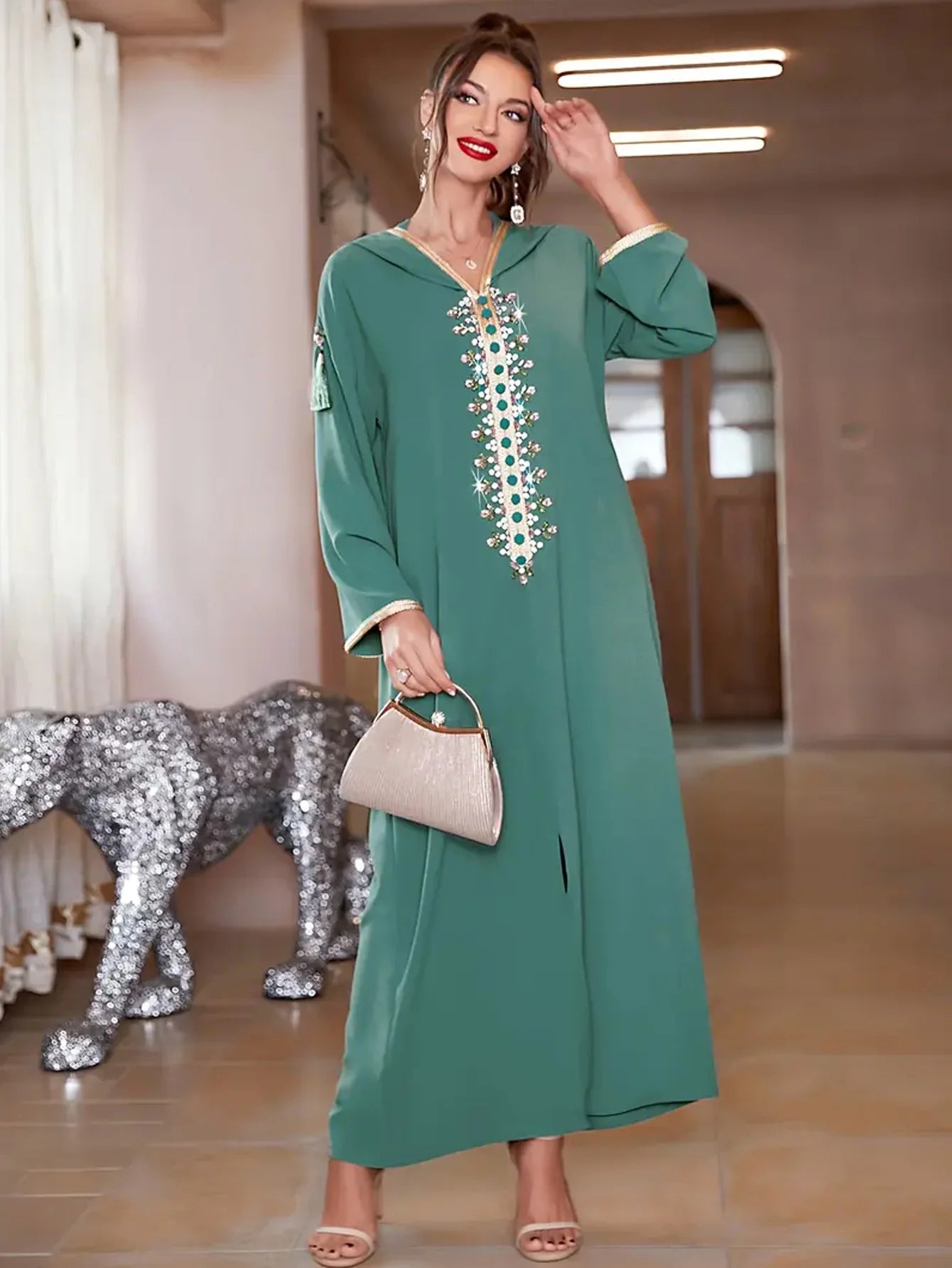 [Rhinestone Kaftan Dress] Elegant Rhinestone Hooded Kaftan Dress - Long Sleeve Ankle Length Women's Clothing