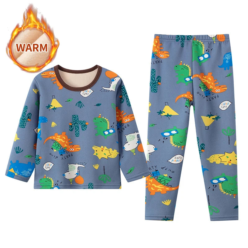 2-piece winter plus velvet children's cute printed pattern long-sleeved trousers for boys and girls Joker pajamas home service s
