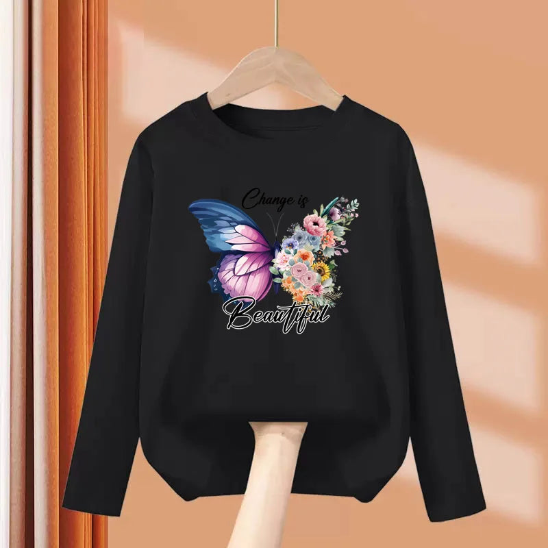 Children Long Sleeved T-shirt Butterfly Girl Fashion Top Spring Cotton Clothes Girls Butterfly Printed Tshirt 3-14T