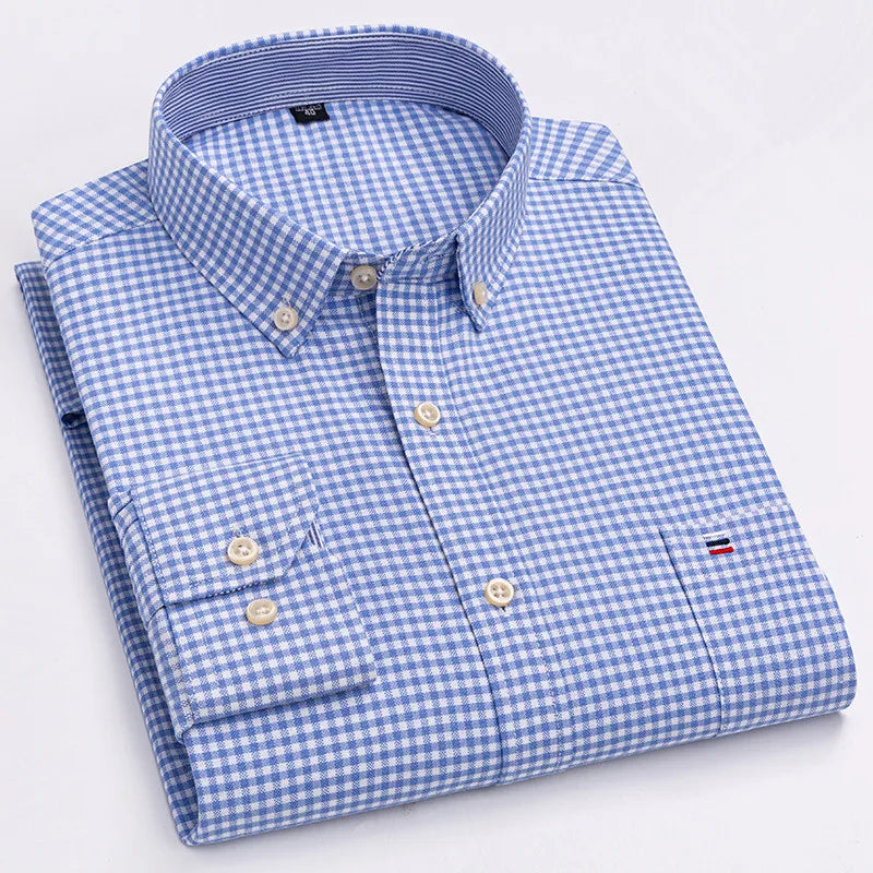 Men's 100% Cotton Shirt Long Sleeve Plaid Oxford Casual Solid Color Print Regular Fit Formal Dress Shirt Oversized 7XL  6XL 5XL