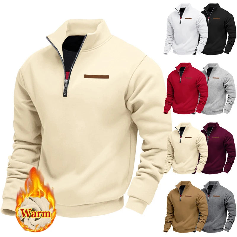 Men's Fleece Long-Sleeved Sweatshirt American Autumn Winter Half-Zip Loose Stand-Up Collar Pullover Comfortable Men's Sweatshirt