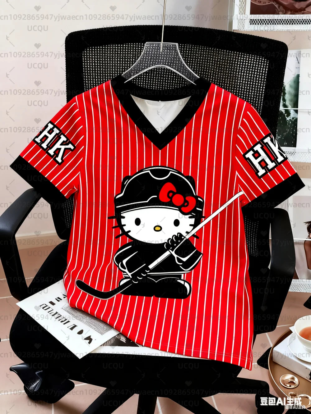 Kids Fashion Women's Boy Girls' Hello Kitty Ice Hockey T-shirt Pink V-Neck Top Graphic Plus Size Short Sleeve Men's T-shirt