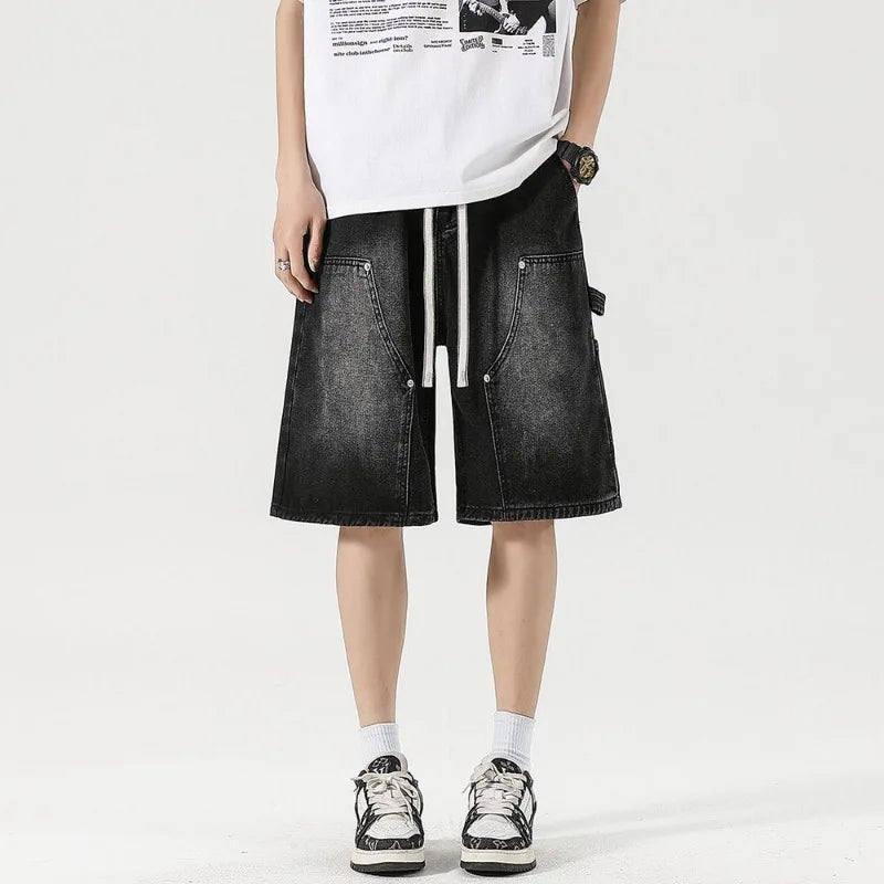 Fashion Streetwear Men's Denim Shorts Summer Loose Vintage Harajuku Splicing Hip-hop Cargo Moto Short Jeans Black Blue