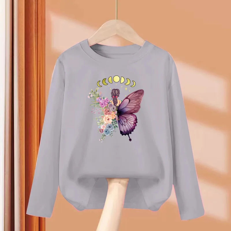 Children Long Sleeved T-shirt Butterfly Girl Fashion Top Spring Cotton Clothes Girls Butterfly Printed Tshirt 3-14T