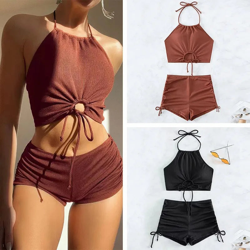 Solid Color Halter Neck Bikini Separate Swimwear Women's Sexy Strapless Top for Beach Vacation Hot Spring Summer Swimwear
