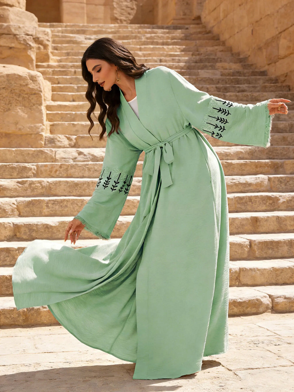 Spring New Arrival Long Abaya Dress 2026 Features Unique Embroidered Sleeves  Islam Kimono Kaftan Muslim Women Abaya Belted Robe