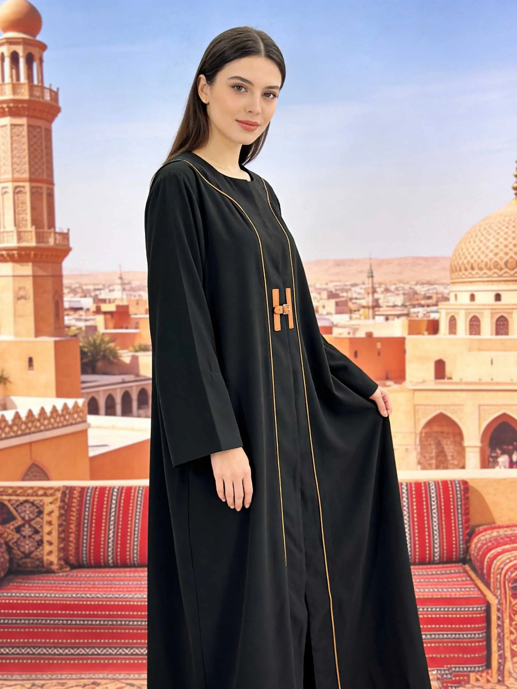 Chic Black Abaya Leather Buckle Detail Long Sleeve Maxi Dress Women Muslim Moroccan Kaftan Ramadan Islam Dubai Arabic Robes 2026
