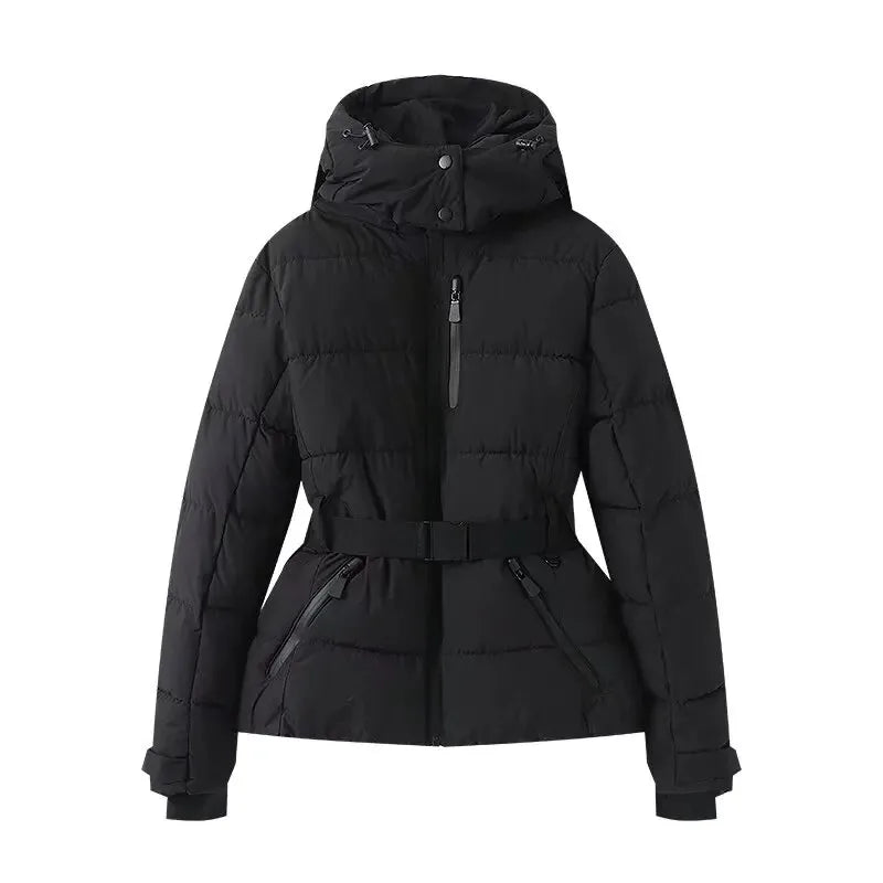 Women's Winter Hooded High Waist Padded Sport Parkas Coats with Belt Female Elegant Thick Warm Pockets Windproof Skiing Jackets
