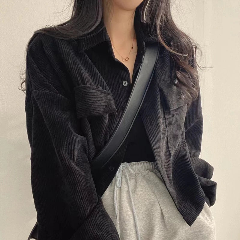 Autumn Retro Versatile Single Breasted Turndown Collar Long Sleeved Jacket for Women Coffee Casual with Pockets Loose Coat