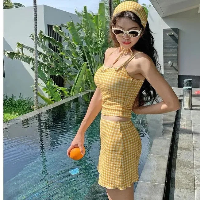New 2025 Three-Piece Swimsuit Slimming Cover-Up Holiday Beauty Checkered Pattern Conservative Korean Style Bikini Set