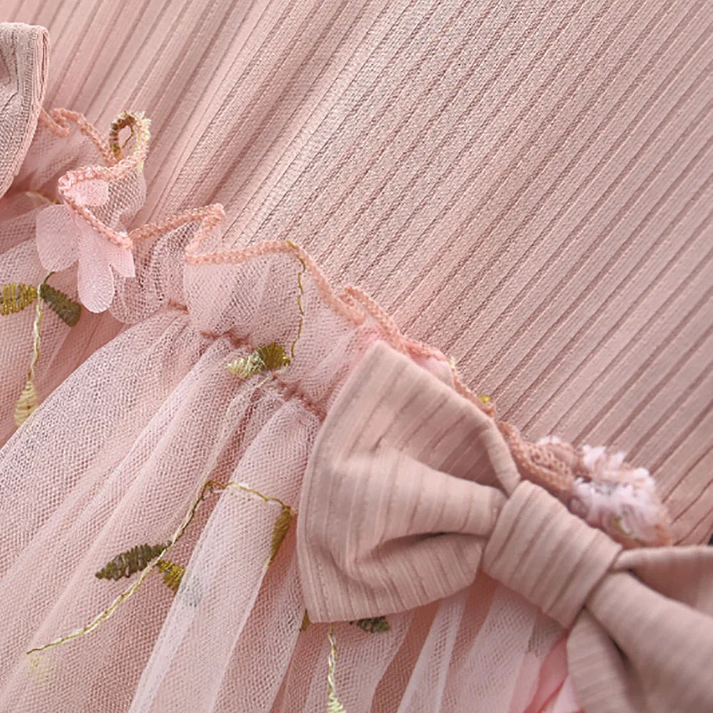 Winter New Girls' Dress Long Sleeve Puffed Sleeve Crew Neck Top Knitted Shirt Gauze Dress Flower Sweet Princess Dress