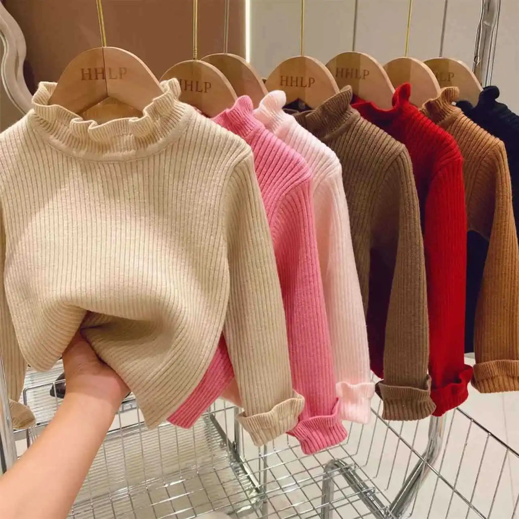 Girls Sweater Winter Fashion High Neck Solid Color Bottom Shirt Children High Elasticity Irregular Collar Knit Pullover