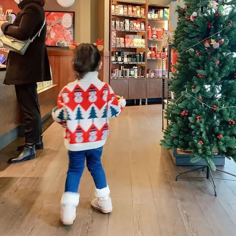 Girls' High Neck Sweater Thickened Autumn and Winter New Fashionable Christmas Pattern Girls' Knitted Sweater Sweet and Cute