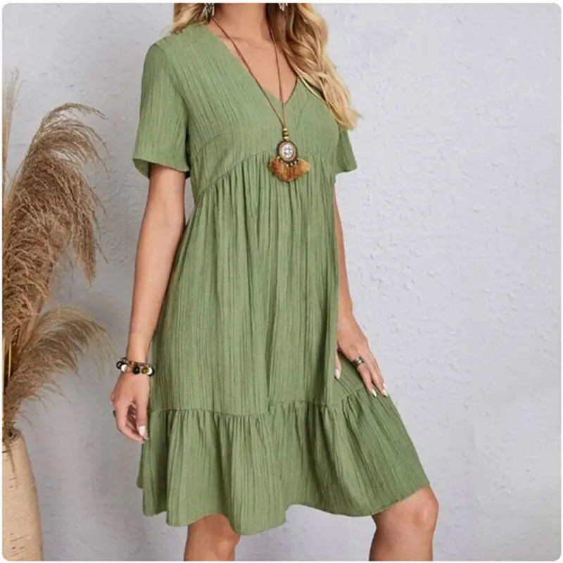 Women Summer Peplum Dresses Spring V-Neck Short Sleeve
