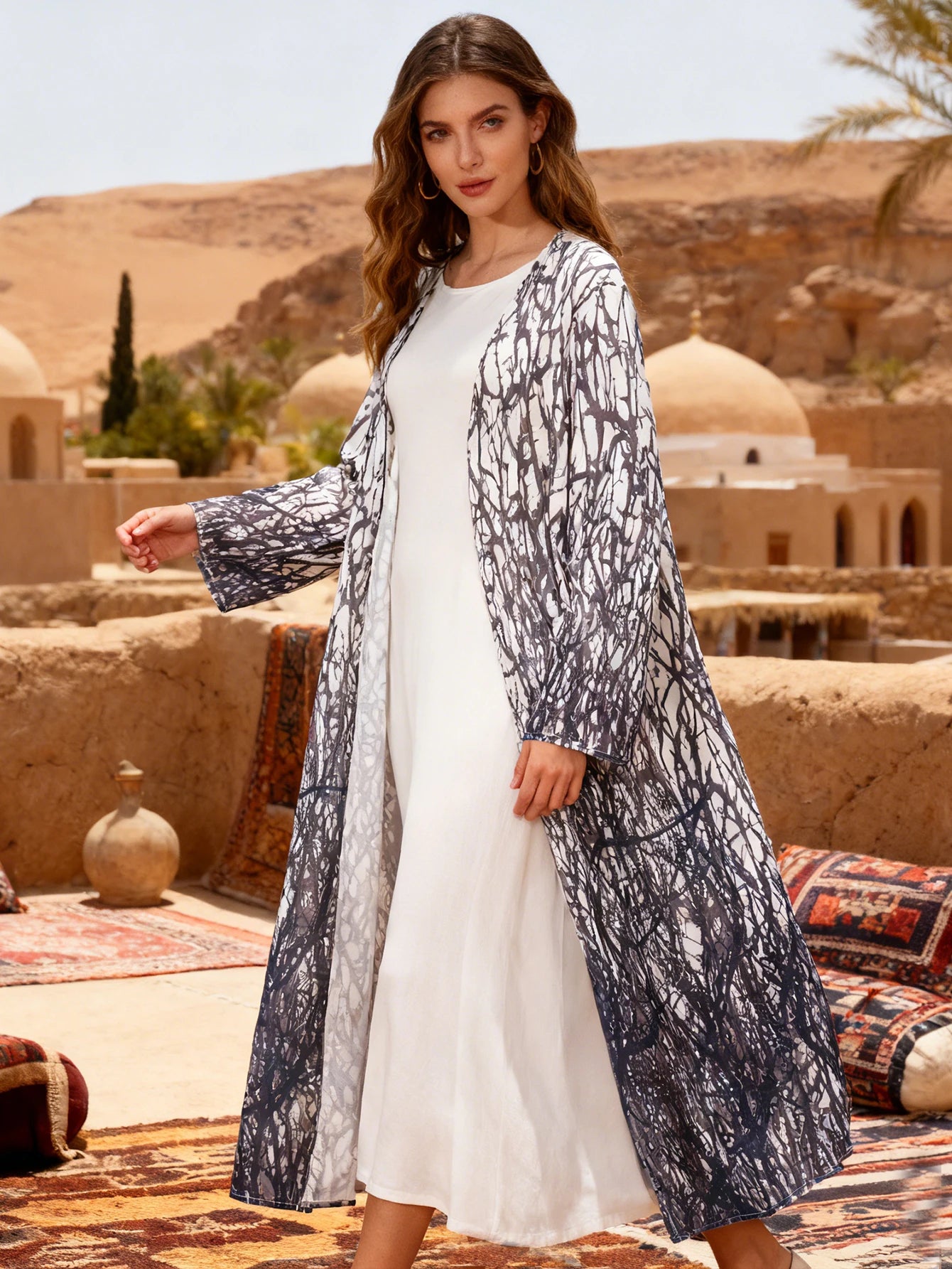 Stylish Tree Branch Print Open-Front Relaxed-Fit Long Abaya Women Muslim Moroccan Kaftan Ramadan Islam Dubai Arabic Robe 2026