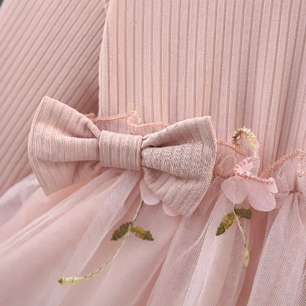 Winter New Girls' Dress Long Sleeve Puffed Sleeve Crew Neck Top Knitted Shirt Gauze Dress Flower Sweet Princess Dress