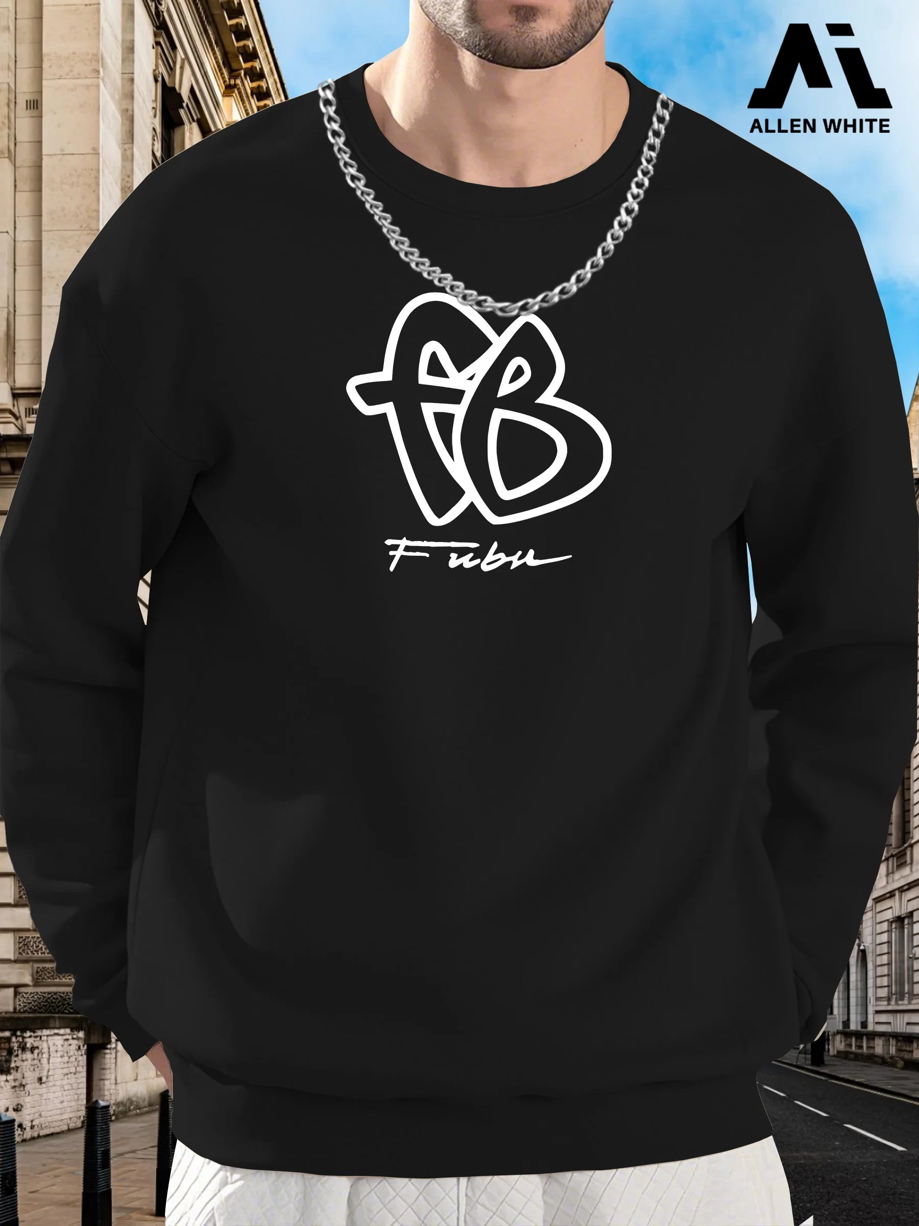 Men'S Fubu Graphic Sweatshirt - Brown Casual Crew Neck Pullover with "FUBU" Print, Soft Stretch Knit Fabric, Loose Fit Long