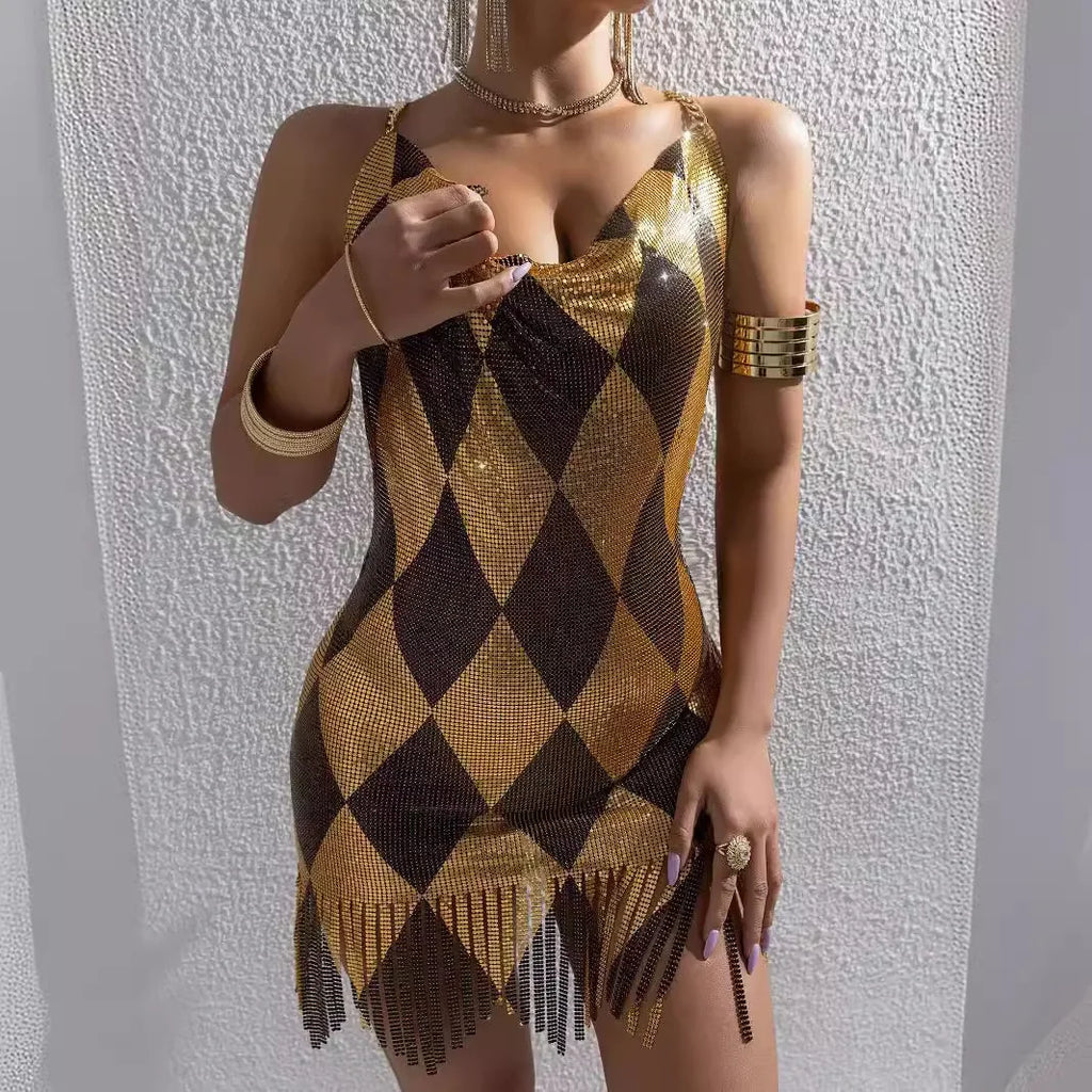 Sexy Metal Splice Backless Fashion Women's Dress Mini Skirt V-neck Sleeveless L22593 Cross-border Summer New Arrival