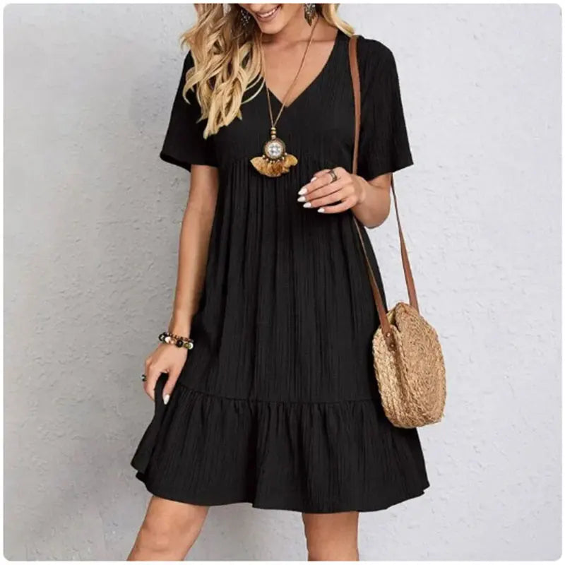 Women Summer Peplum Dresses Spring V-Neck Short Sleeve