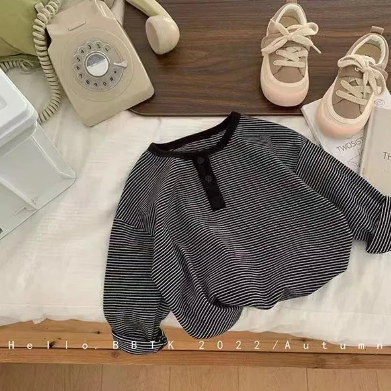 Children's Spring Autumn Long-sleeved T-shirt Boys Girls Korean Striped T Children's Warm Bottoming Shirt Baby Simple Top