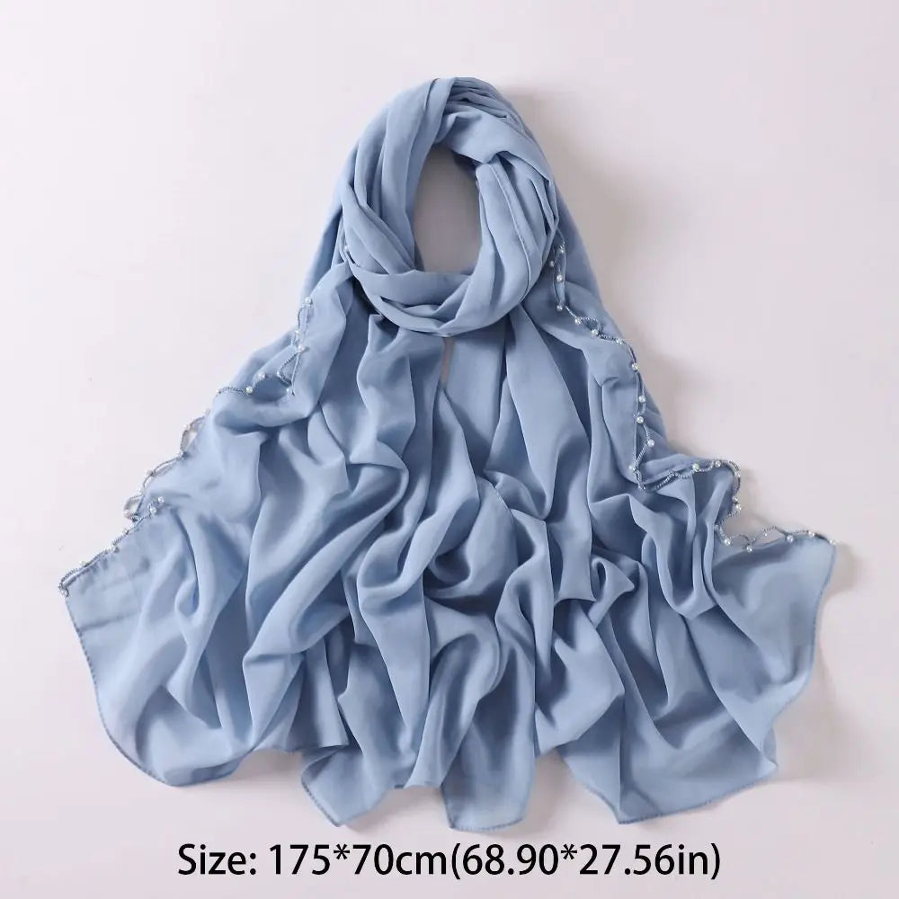 Luxury Beads Islamic Turban Pearls Chiffon Wraps Shawl Long Bandana Malaysia Headscarf Women