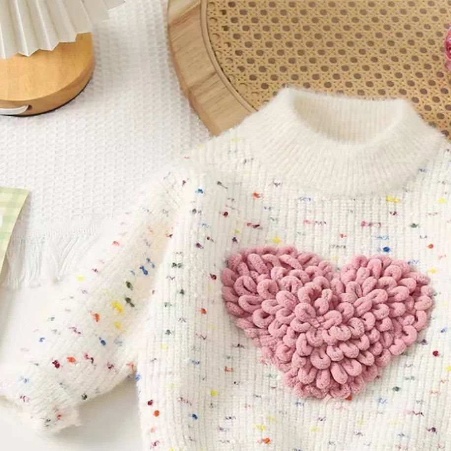 New Autumn and Winter Colored Floral Thread Love Cartoon Cute Long Sleeved Knitted Top for Girls Warm and Versatile Sweater