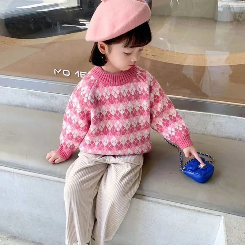 Girls' Sweater Thickened Autumn/Winter New Fashionable Versatile Children's Knitted Sweater Girls' Top Sweet and Cute