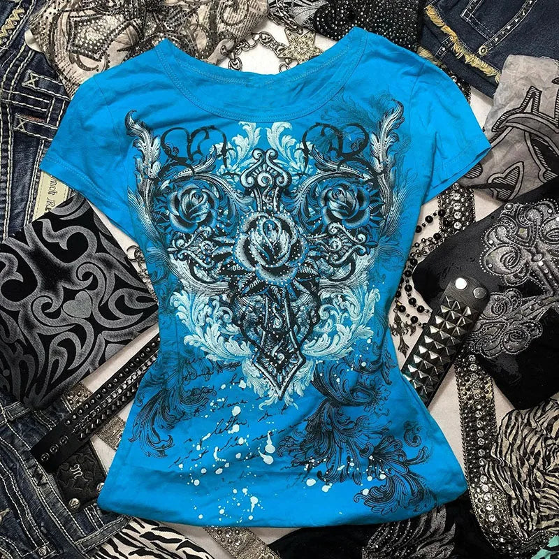Women's Y2k Grunge T-Shirts 2000s Vinage Rhinestone Print Heart Rose T-Shirt Aesthetics Harajuku Round Neck Tops street fashion