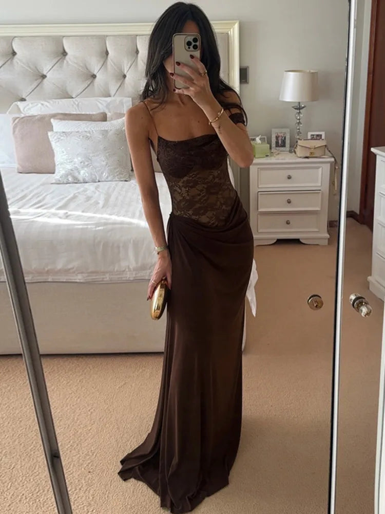 One Shoulder Lace See Through Sexy Maxi Dress Women