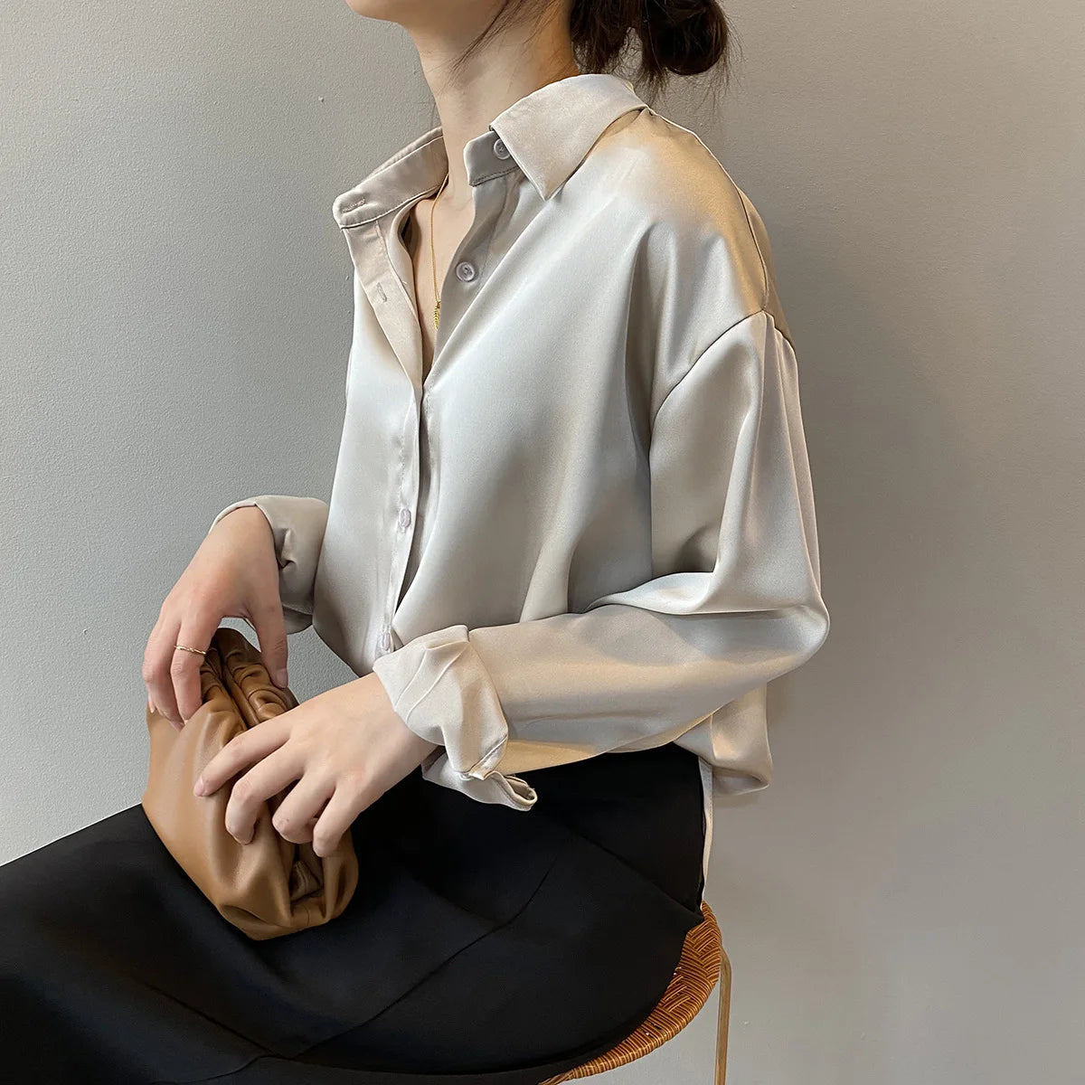 Spring Satin Button-Up Blouse for Women