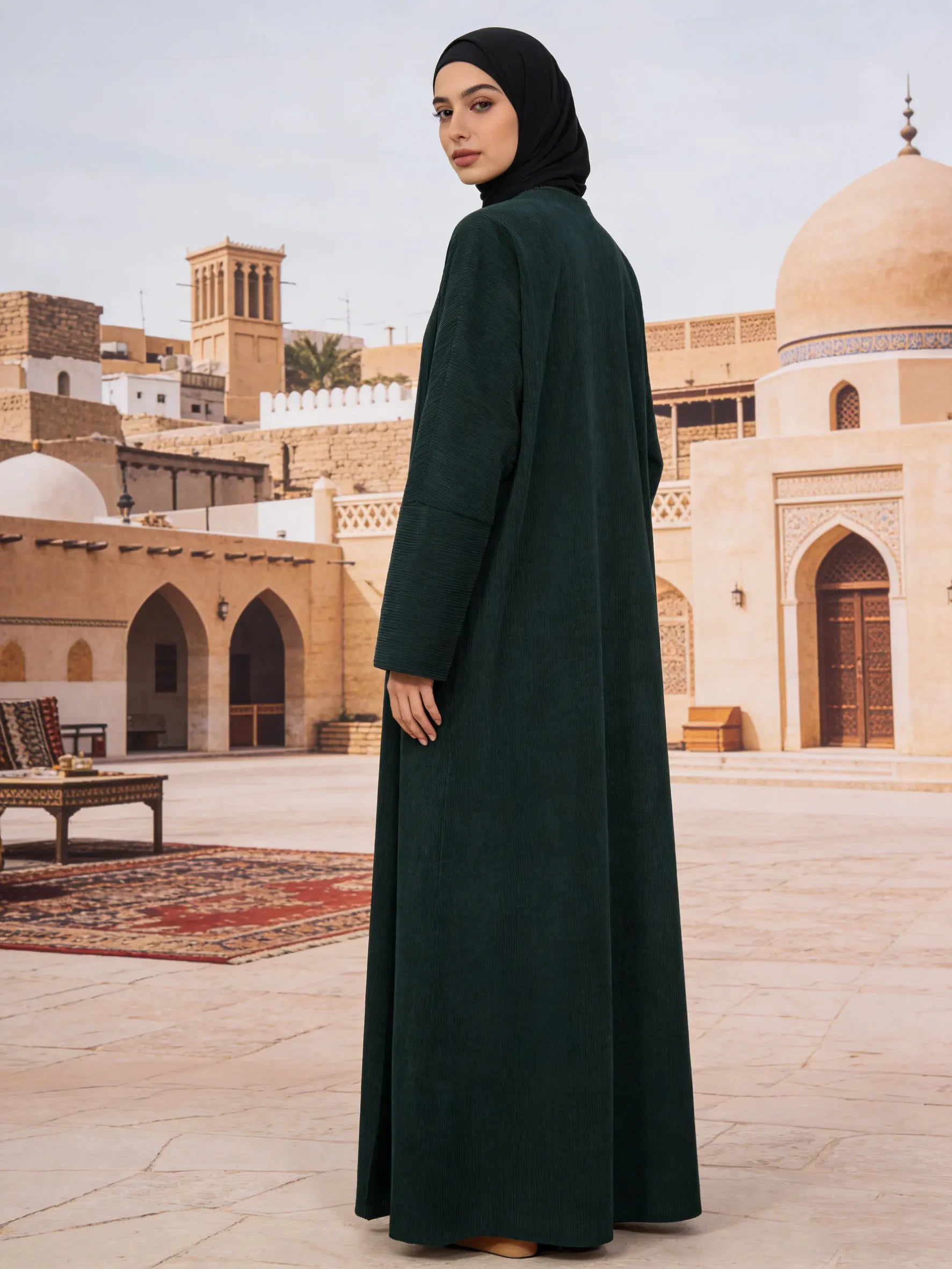 Hot sell Elegant Belted Corduroy Dark Green Abaya Cardigan Women Muslim Modest Outerwear Ramadan Abaya Islam Dubai Arabic Tops