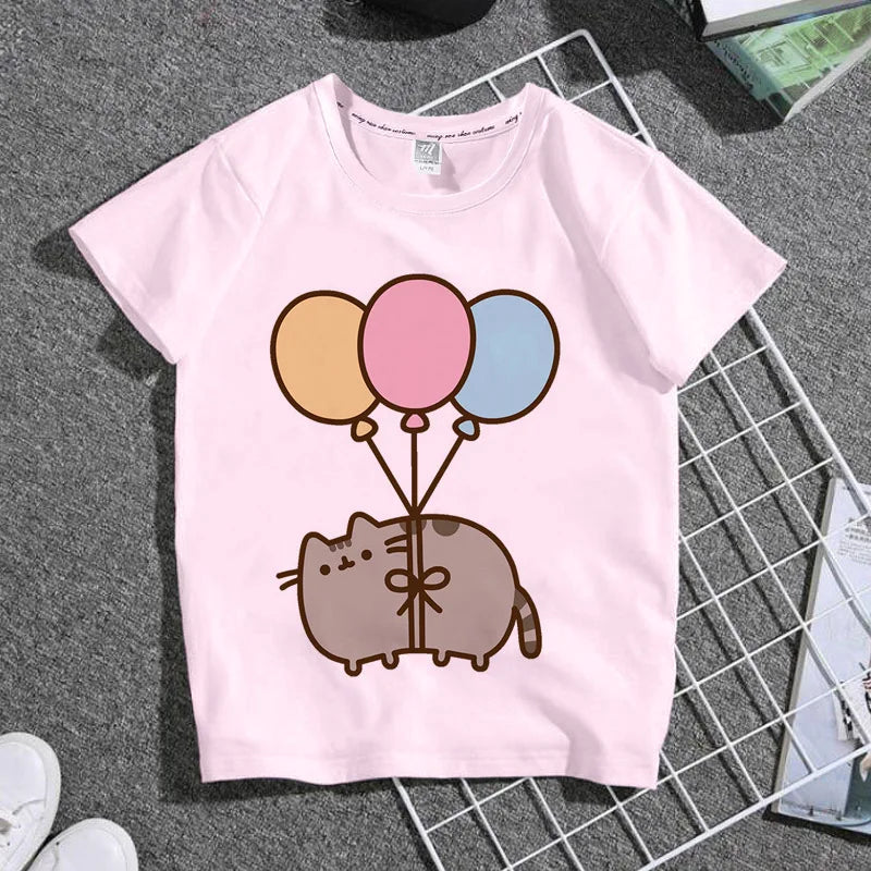 Summer Boys and Girls Children's T-shirt Cute Cat Cat Novel Cartoon Print Primary School Short Sleeve Parent-child Clothing