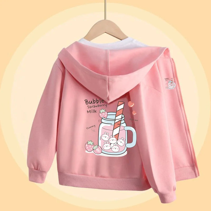 Girls Bubble Tea Cartoon Sweater Autumn Long Sleeved Coats with Zipper Pink Cute Hoodies 5-14T