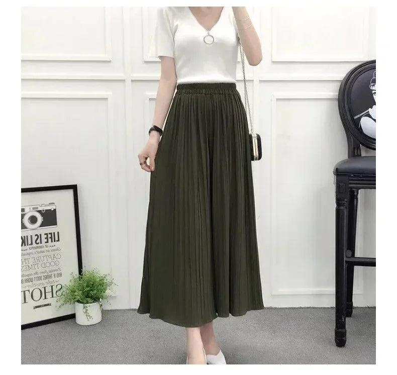 Summer New Women's Pants Korean Fashion Solid Elastic Waist Pleated Loose Skirt Pants Plus Size Casual Wide-leg Cropped Pants