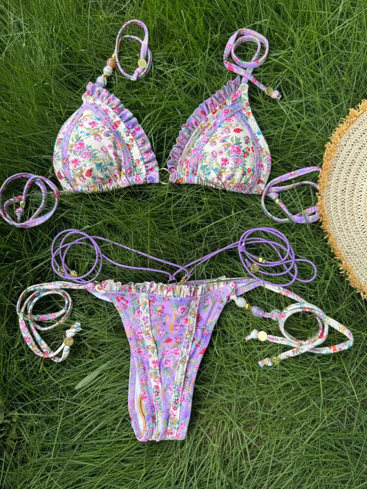 Sexy Triangle Mini Bikini Sets Micro Thongs Swimsuit Women Bathing Suit Biquini Bandage Beachwear Print Swimwear Thong Bikini