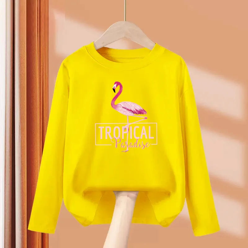 2024 New Flamingo Long Sleeved T-shirt Little Girls in Autumn Round Neck Cotton Tops Children Fashion Tees 3-14 Age