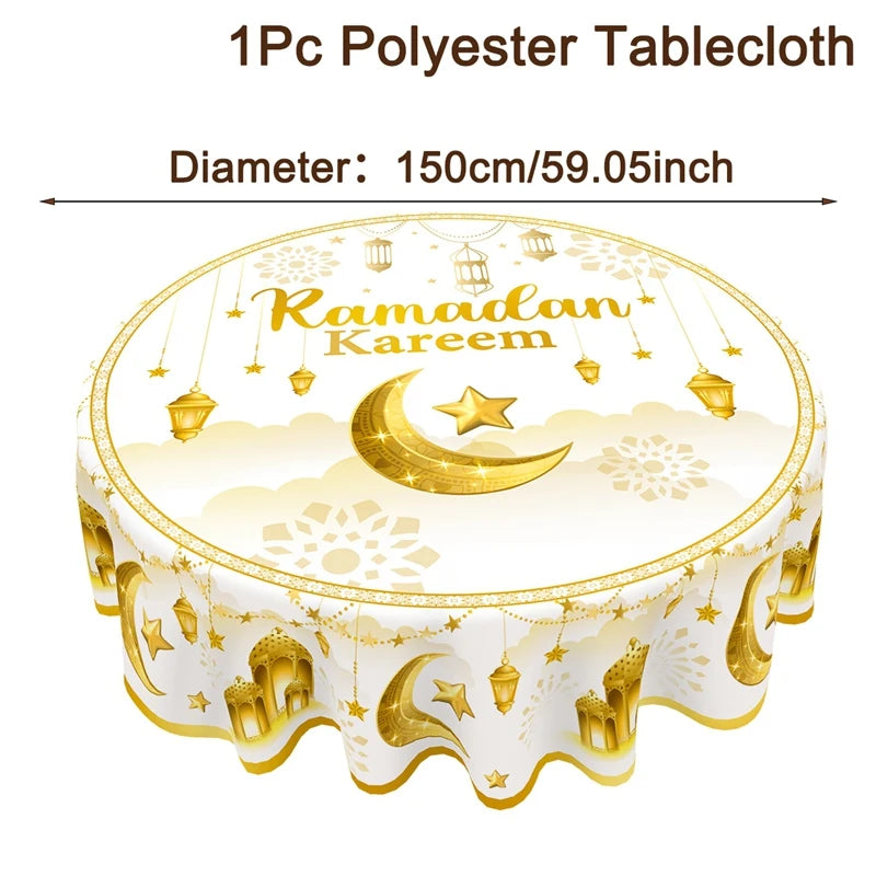 Ramadan Kareem Eid mubarak Polyester Round Tablecloth Ramadan Decor For Home 2026 Islamic Muslim Party Supplies EID Al Adha