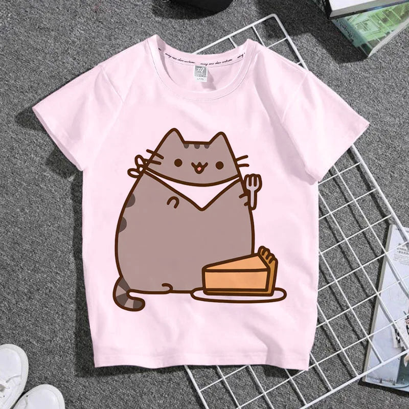 Summer Boys and Girls Children's T-shirt Cute Cat Cat Novel Cartoon Print Primary School Short Sleeve Parent-child Clothing