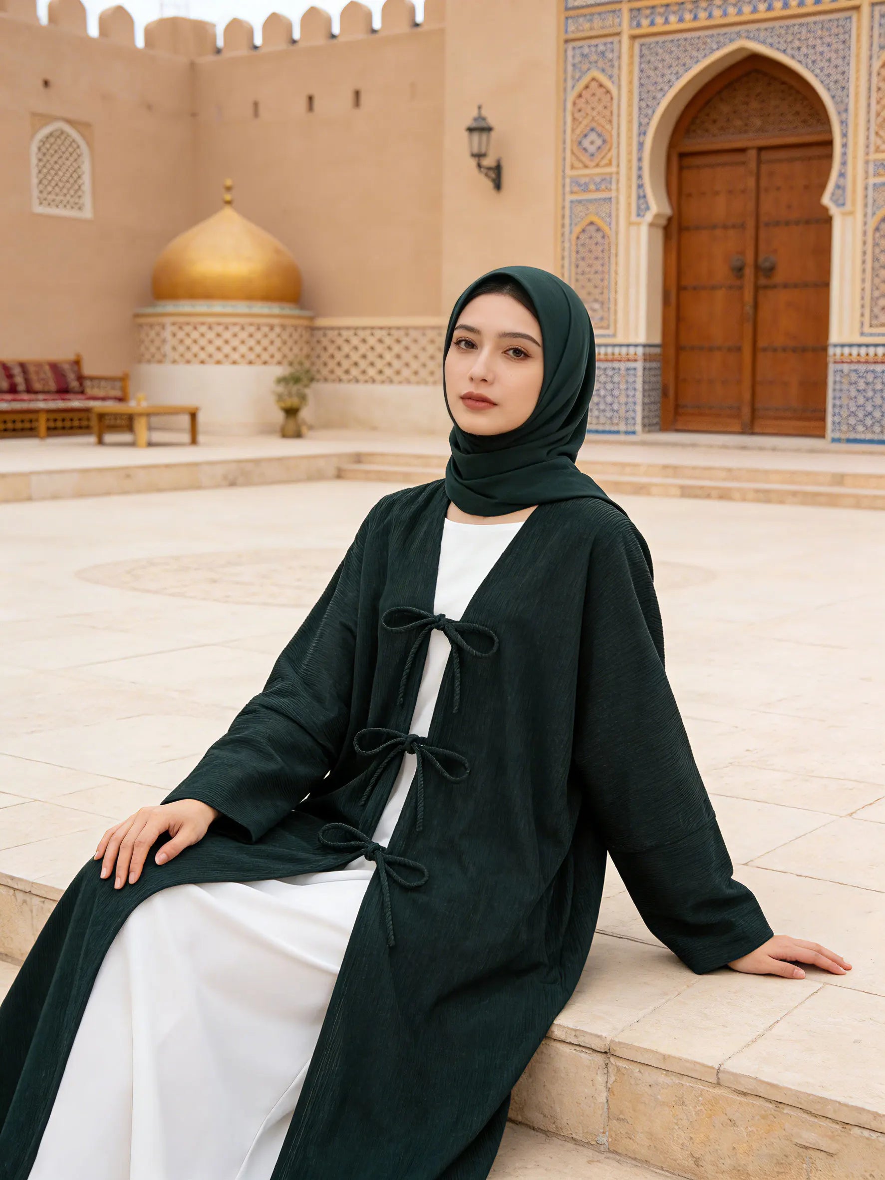 Hot sell Elegant Belted Corduroy Dark Green Abaya Cardigan Women Muslim Modest Outerwear Ramadan Abaya Islam Dubai Arabic Tops