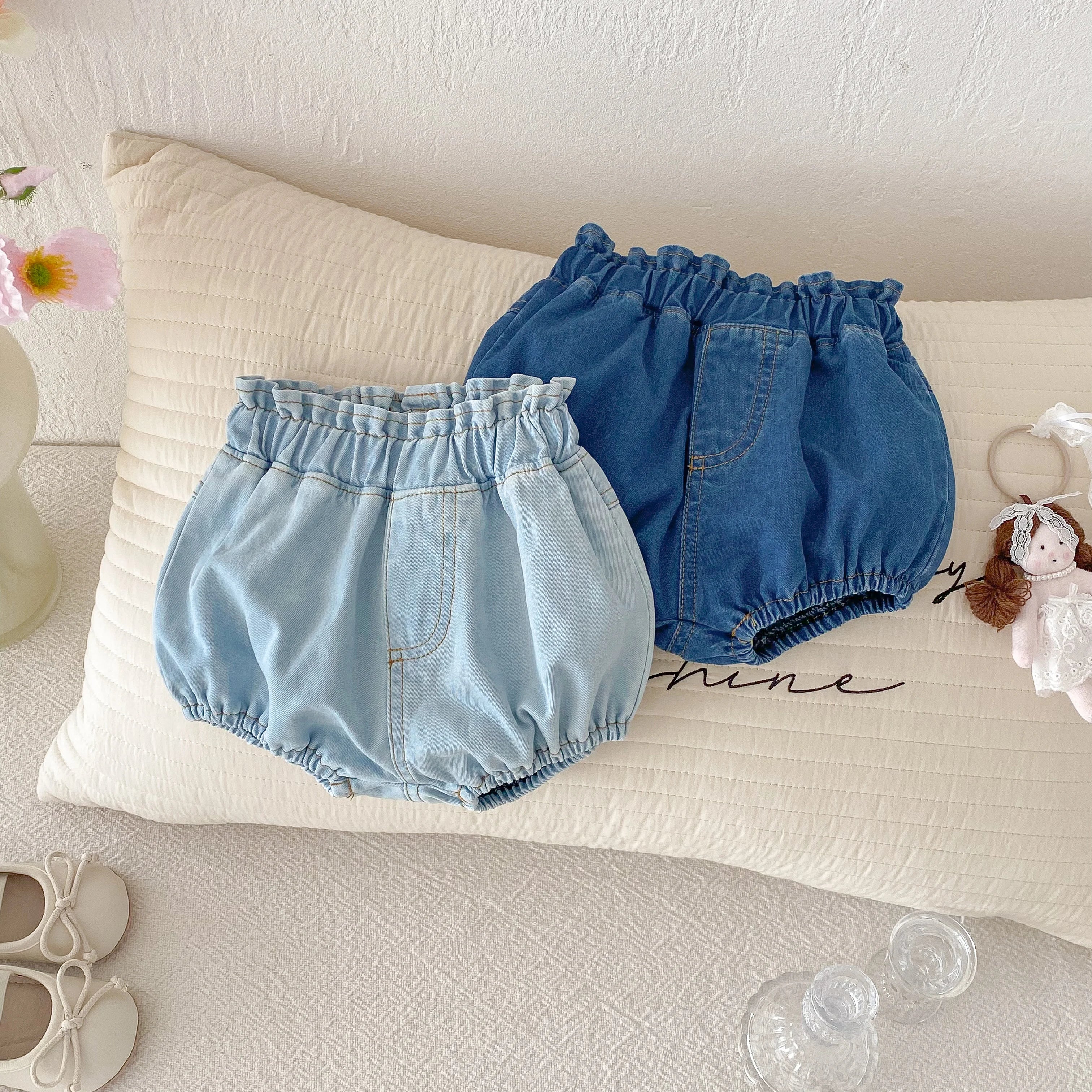 Baby Denim Bloomers Shorts Newborn Soft Cozy Cotton Toddler Boys Girls Summer Shorts Pants Ruffles Waist Kids Clothing 0-3T