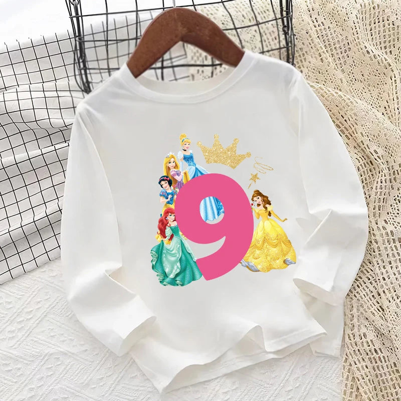 Different Princess Snow White Belle Number  Kids T shirt 1 2 3 4 5 6 7 8 9 Years Birthday Long Sleeve Baby Girls Clothes T-Shirt