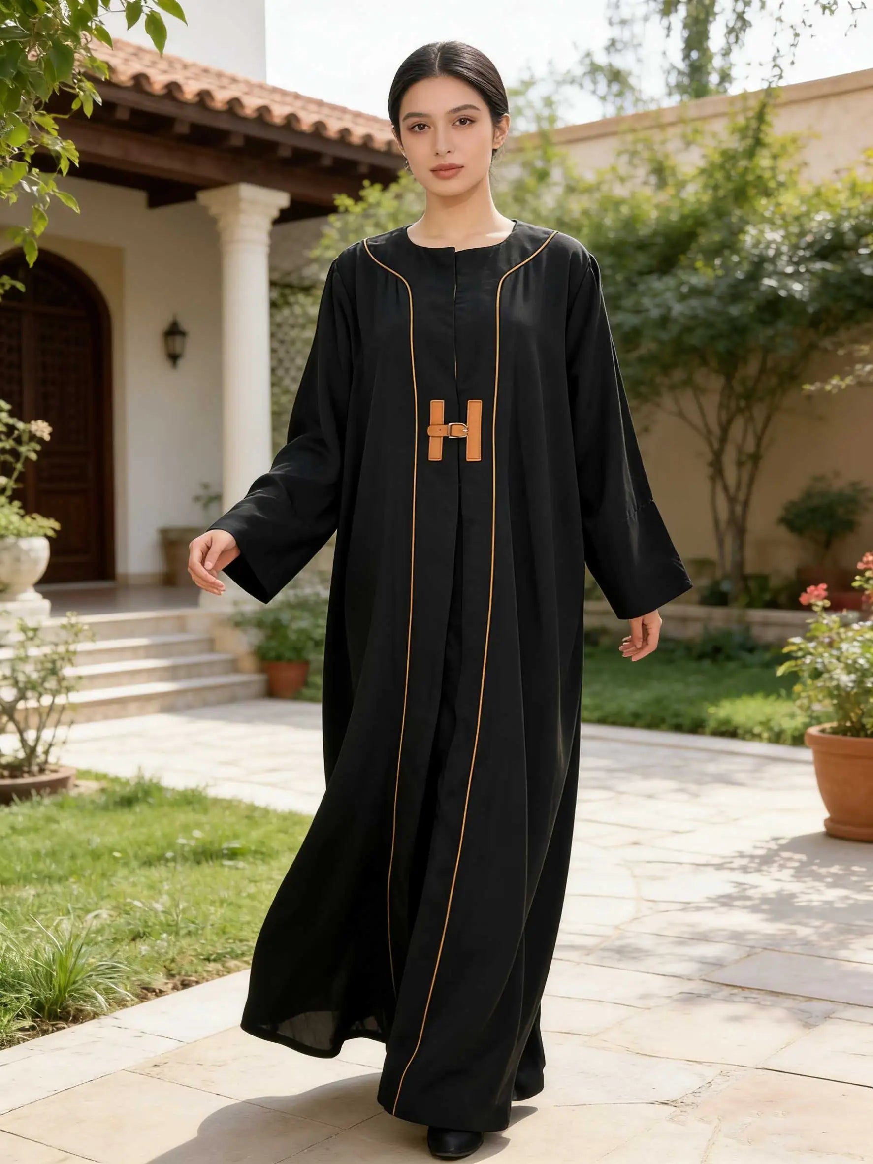 Chic Black Abaya Leather Buckle Detail Long Sleeve Maxi Dress Women Muslim Moroccan Kaftan Ramadan Islam Dubai Arabic Robes 2026
