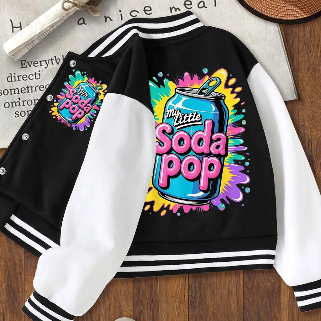 Children's Ins Style Baseball Jacket for Girls, Casual Sports School Clothes, Soda Can Print Jacket, Suitable for Kids Aged 4-14, Short Jacket