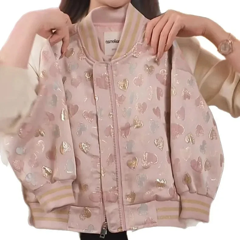 Girls' Chinese Style Embroidered Baseball Jacket - Autumn Jacquard Coat Windbreaker for Big Kids, Lightweight Vintage Outerwear