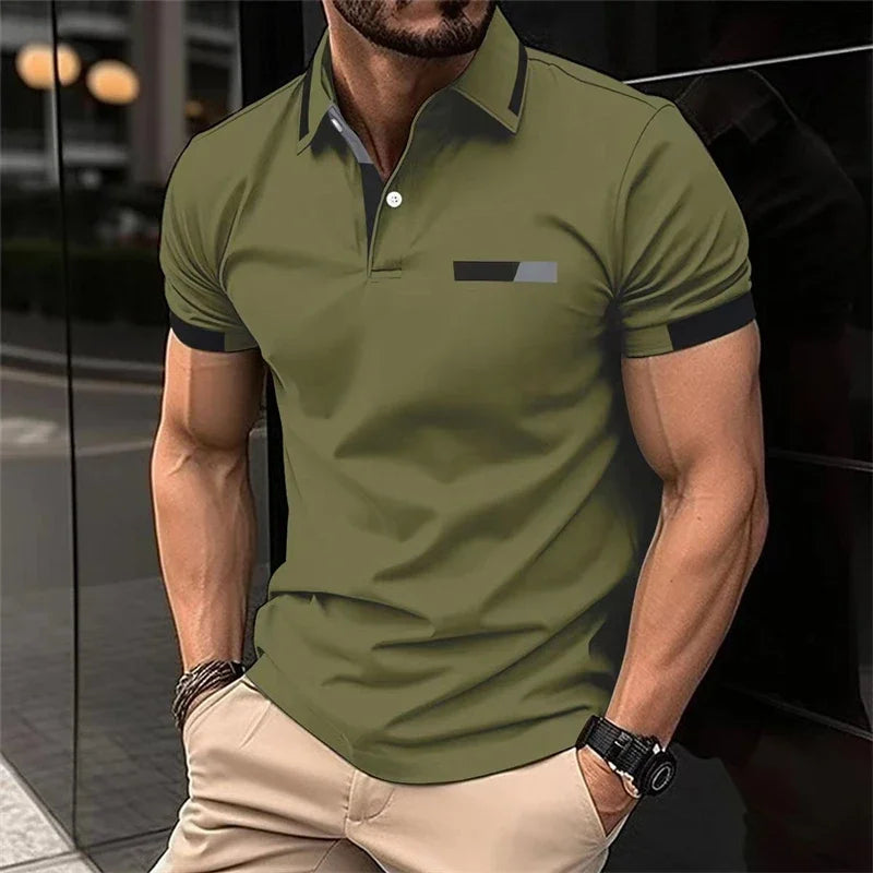 Men's fitness casual sports T-shirt, gym running sports elastic short-sleeved Polo shirt, lapel top, men's tight T-shirt