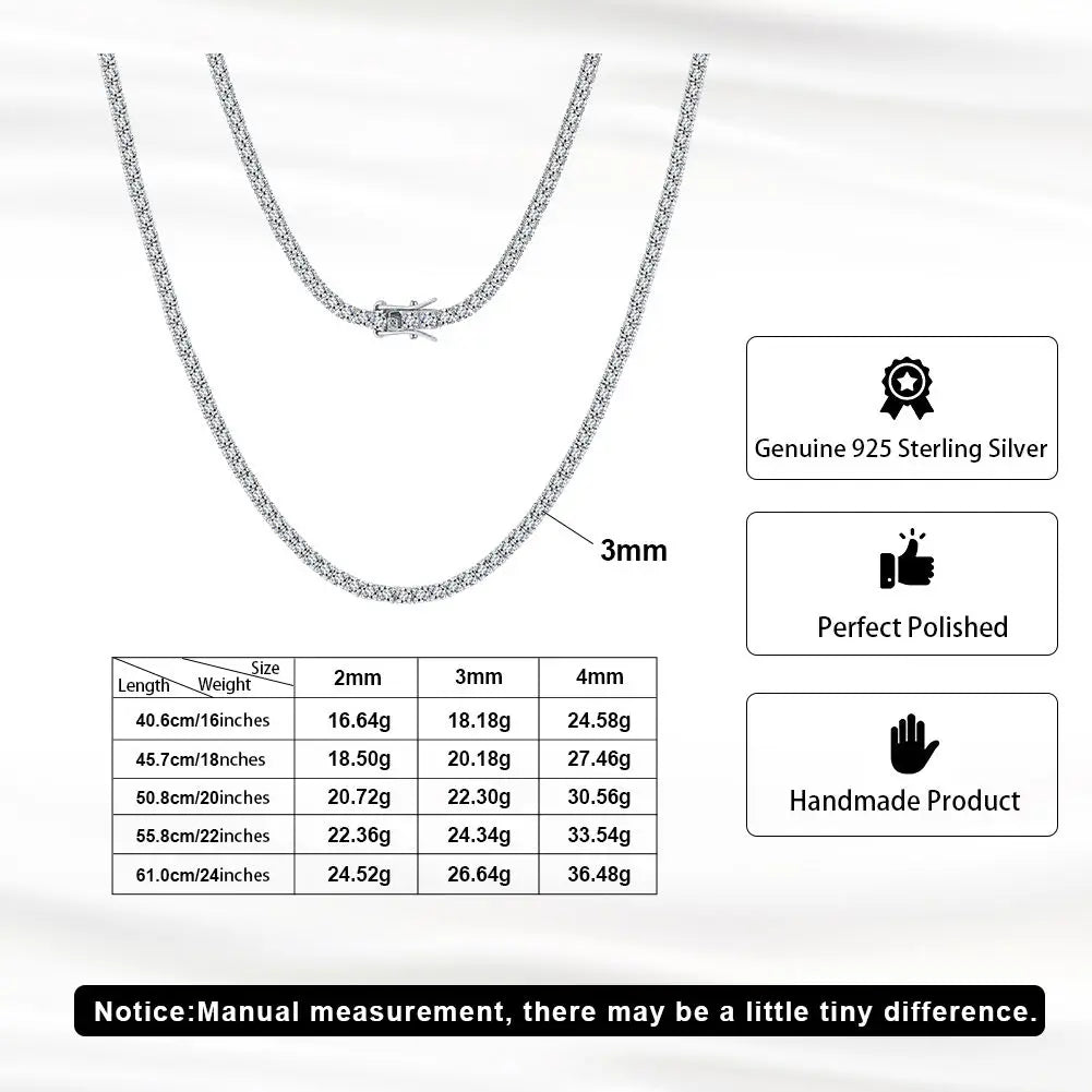 Premium Iced Hip Hop Moissanite Necklace 925 Sterling Silver Iced Cut 2mm 3mm 4mm Moissanite Tennis Chain Necklace