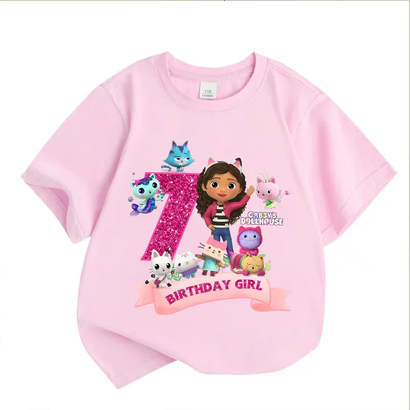 Gabbys Dollhouses Birthday Number T-shirt Girls White Pink Short Sleeve T-shirts Tops Cotton Summer Casual Party Supplies Tee